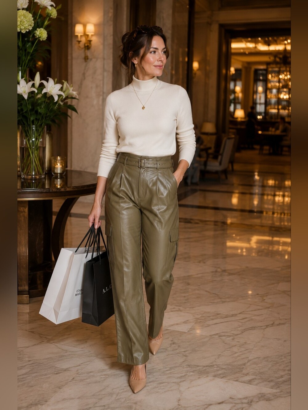 PAIGE Army Green Faux Leather Cargo Pants Belted High Rise Straight Leg Size 10